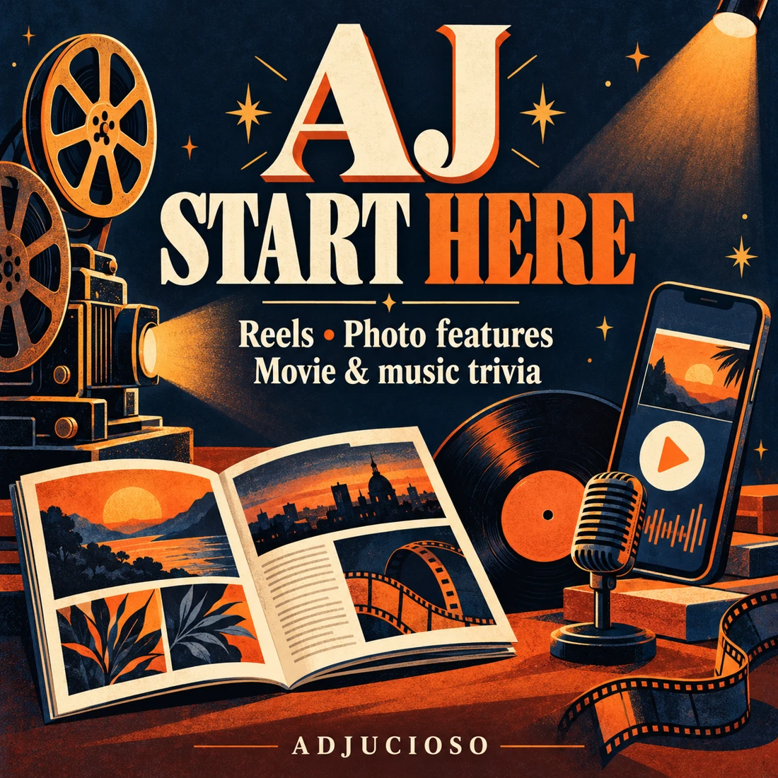 AJ Start Here illustration with a film projector, record, microphone and photo magazine